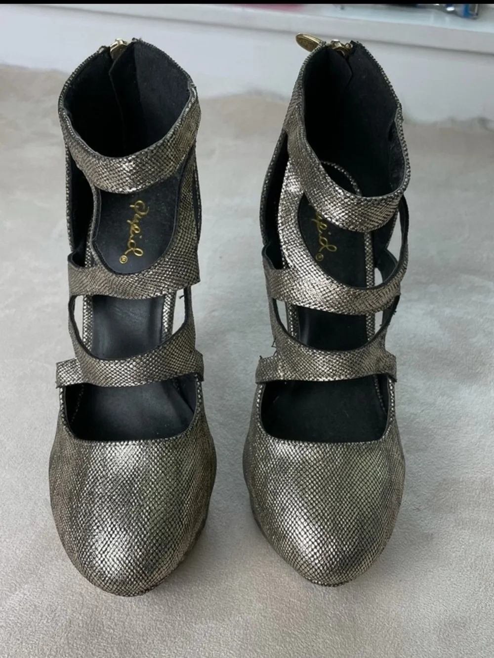 QUPID BRAND Metallic Silver Strappy Platform High Heels
